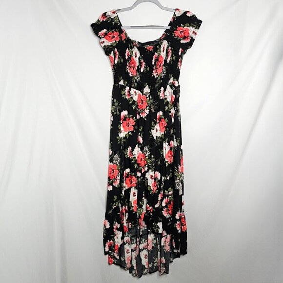 TORRID Challis Maxi Dress BLACK FLORAL PINK size 00 M 10 Hi-Low Off-Shoulder - Picture 4 of 11